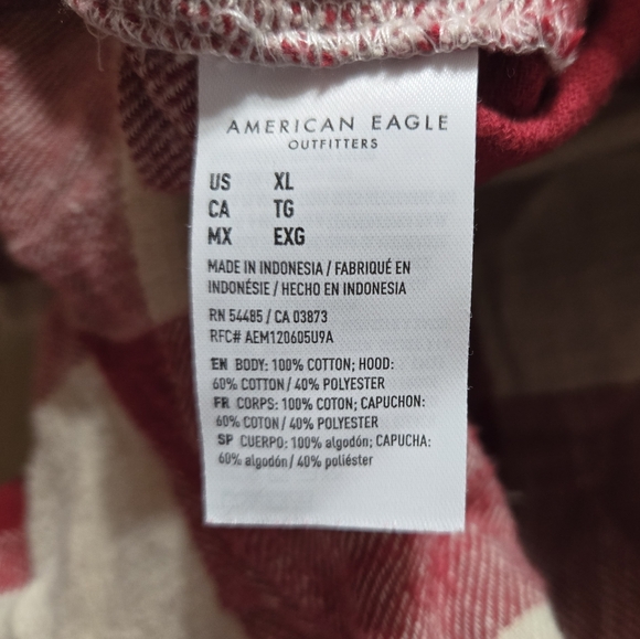 American Eagle Red White Plaid Button Front Hooded Shacket Size: XL - Picture 6 of 6
